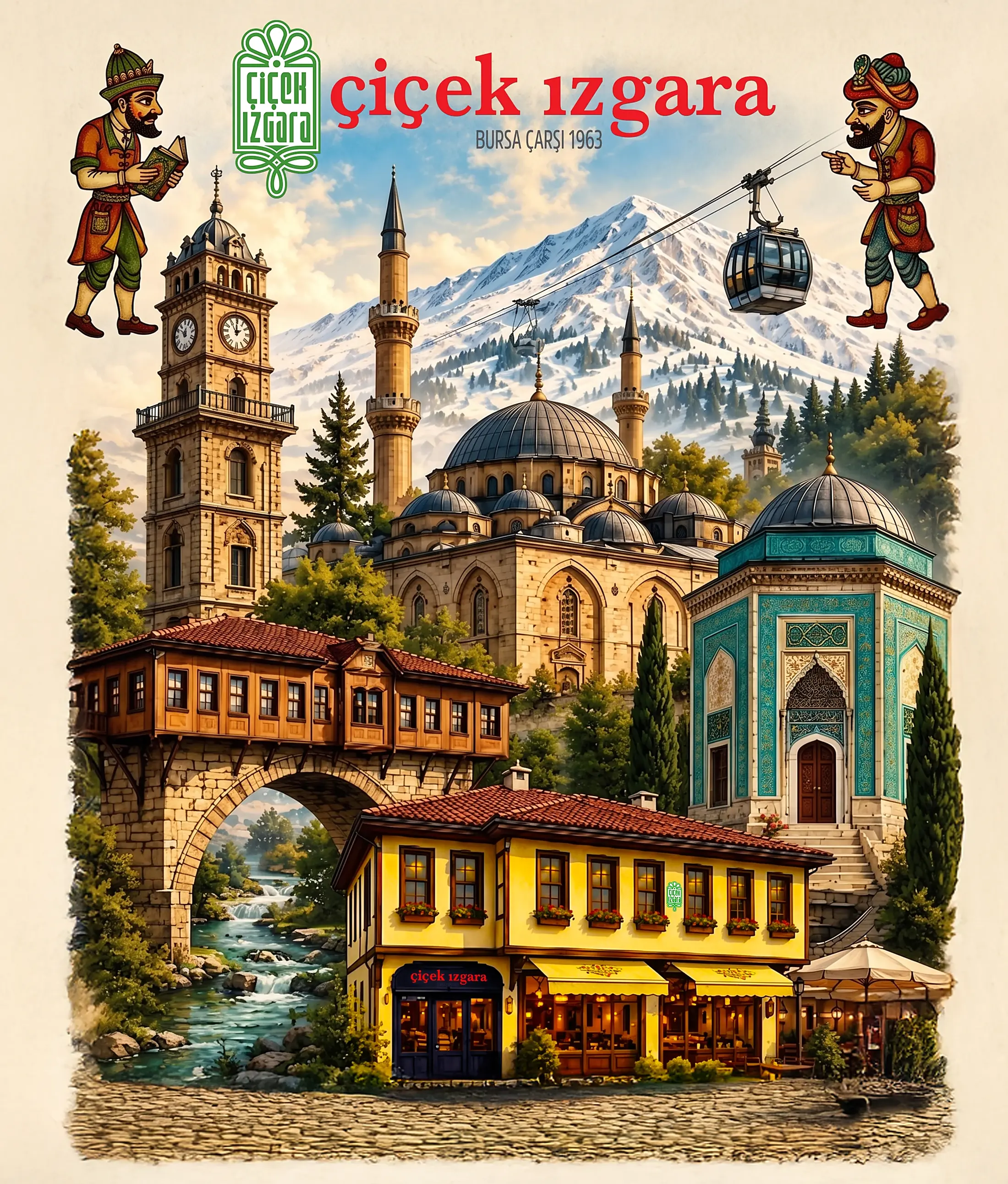 Bursa’yı anlatan illüstrasyon: Uludağ, Ulu Cami, Yeşil Türbe, saat kulesi, Irgandı Köprüsü ve en altta Çiçek Izgara’nın sarı binası